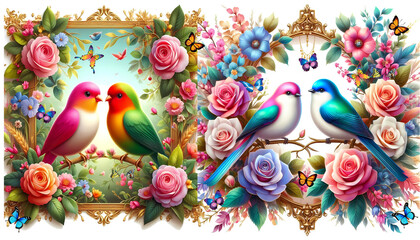 Close - up pictures of cute love bird and the beauty of nature. Picture of beautiful trees and shrubs, beautiful leaves and rose flowers. bird. (08)
