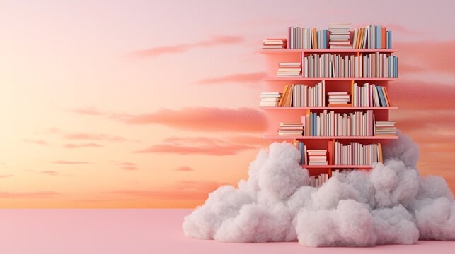 Fototapeta Pink Bookshelves Forming Spiral Towers in Pastel Sunset Clouds