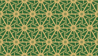 Fototapeta premium Decorative background with triangles. Curved lines. Vector illustration. Green, gold color. Bright background for poster, banner, flyer. Seamless
