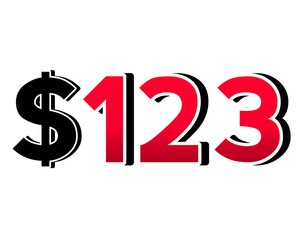 Bold red number $123 with a black dollar sign in a 3D style, featuring white and black outlines, creating a shadow effect on transparent background.