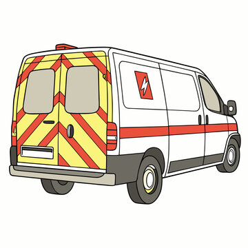 Professional white utility van with warning stripes isolated