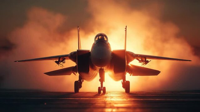 Fighter jet on runway at sunset or sunrise powerful aviation image for commercial and editorial use