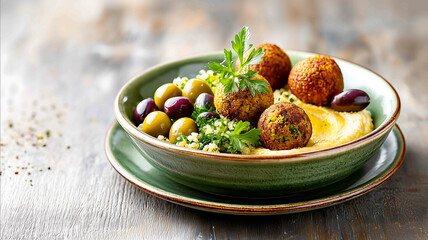 Buddha bowl with falafel olives hummus quinoa served on an olive green ceramic plate rustic setting soft warm light hyperrealistic photo style green ton