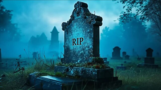 Gravestone in a misty graveyard at night