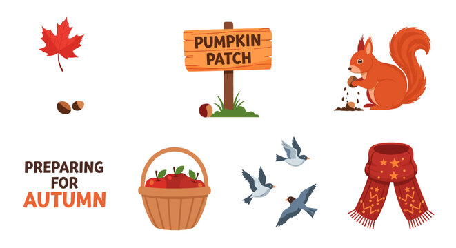 A collection of autumn themed clip art including a squirrel apples birds and a pumpkin patch sign