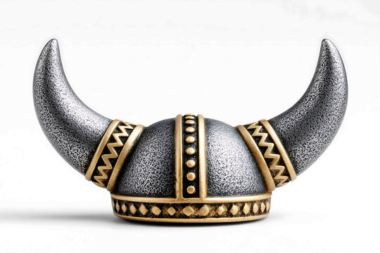 Viking helmet with horns and Norse engravings isolated on a clean white background brushed metal texture