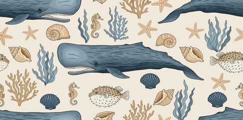watercolor seamless pattern sperm whales starfish blowfish seahorse seashells, coral marine animals illustration design