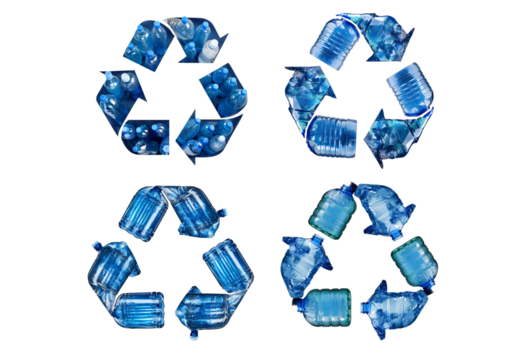 Set recycling symbol made of blue PET plastic bottles isolated on transparent or white background