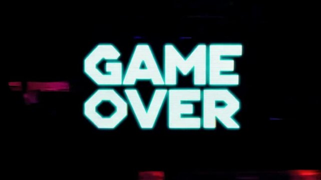 Game over text in blue neon glow on black background used in digital gaming visuals or end screen content for entertainment clips