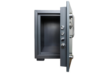 Steel safe vault with open door isolated on transparent or white background