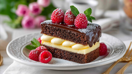 A decadent chocolate cake with layers of rich ganache and creamy vanilla frosting topped with fresh raspberries and a dusting of powdered sugar