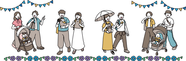 Fototapeta premium おでかけする両親と赤ちゃんセット_夏