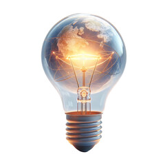 Glowing light bulb with earth inside isolated on transparent background isolated on white background