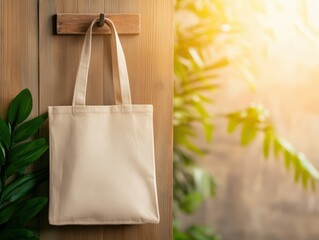 Organic cotton reusable tote bag hanging on rustic wall hook showcasing sustainable shopping practices and zero waste lifestyle for eco-friendly consumer awareness and ethical retail marketing concept