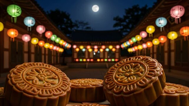 Korean traditional courtyard decorated with lanterns and ornate carved mooncakes for mid-autumn festival.  Lanterns illuminate pathway leading to traditional korean architecture under full moon.