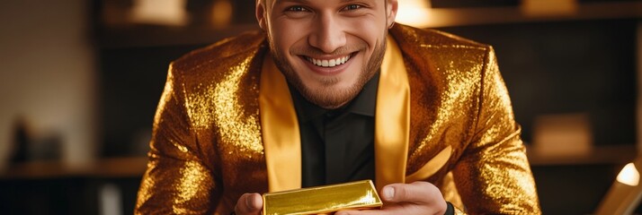 Positive smiling man wearing glittery gold outfit celebrating achievement