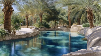 Fototapeta premium A Stunning Watercolor Illustration Capturing the Essence of a Desert Oasis with Palm Trees and a Rock