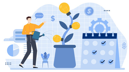 Man waters an idea plant with dollar signs, illustrating financial growth and success, suitable for business concepts and entrepreneurial themes. © Hiro