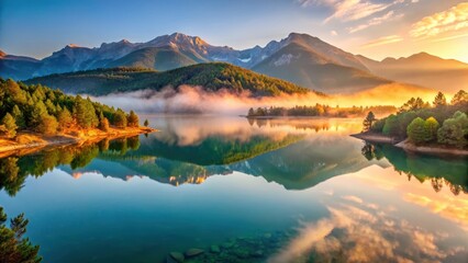 Fototapeta premium Panoramic view of Doxa lake in Korinthia area of Peloponnese region in Greece at sunrise with mist and mountains