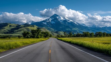 Fototapeta premium A Scenic Journey on a Straight Road Leading to Majestic Mountains Surrounded by Vibrant Nature