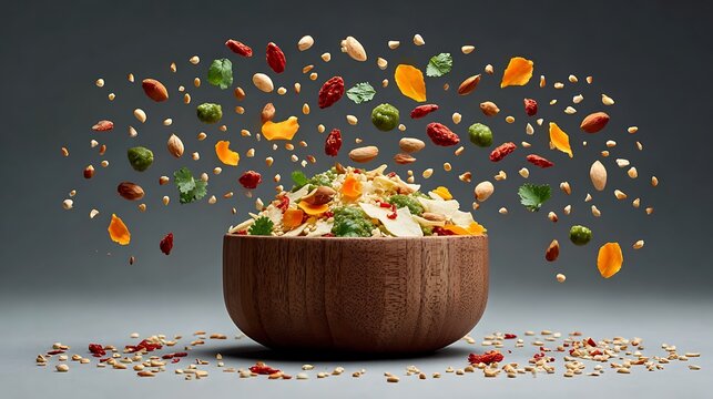 Bhel Puri Ingredients Scattered Mid-Air Like Confetti with Chutneys Floating, Neutral Gray Background, Indian Street Food Concept