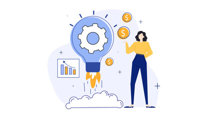 Conceptual image of a woman pointing at a lightbulb with a gear inside. Suitable for innovation, creativity, and engineering ideas.