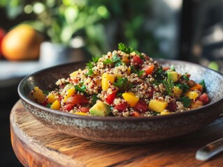 Nutritious quinoa salad with a variety of fresh fruits and vegetables, including avocado, mango, papaya, tomatoes, cucumber, lentils, and spices, making it a healthy and delicious choice for any meal.