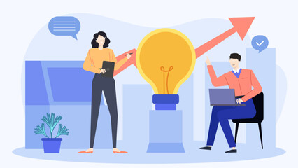 Obraz premium Two people collaborating on a project, brainstorming, discussing ideas. Suitable for teamwork, business partnership, office environment, cooperation concepts.