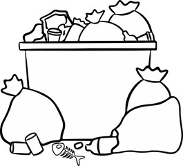 Overflowing trash bin with bags, cans, and fish bones, line art.