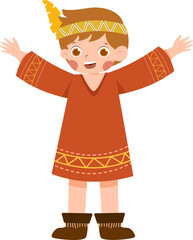 Child in traditional dress, arms outstretched, festive celebration, vector illustration.