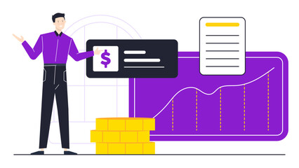 Man presents financial data with a line graph, ideal for business presentations, financial reports, stock market analysis, economic articles.