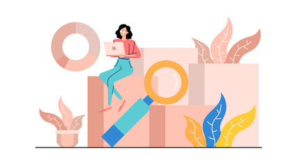 Woman working outdoors with technology and nature. Suitable for remote work, gardening, research, and environmental themes in design projects.