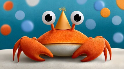 Cheerful crab with googly eyes and party hat