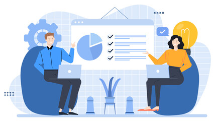 Two people discussing project plan and ideas. Suitable for business presentations, brainstorming sessions, team meetings, collaboration concepts.