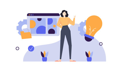 Woman stands next to a computer screen showing a lightbulb, ideal for technology or innovation concepts in design projects.