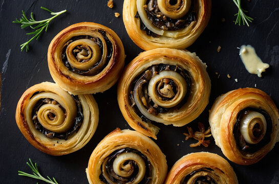 Delicious savory onion swirls on puff pastry. Perfect appetizer.