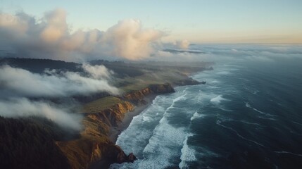 Fototapeta premium Captivating aerial view of ocean coastline waves coastal area nature photography seaside environment bird's eye perspective coastal serenity