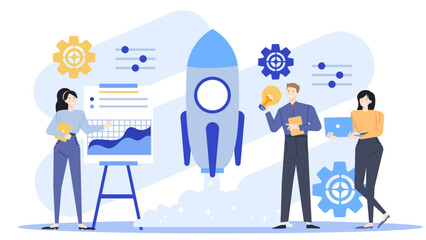 Team collaboration with rocket and lightbulb for innovative ideas. Suitable for business, teamwork, brainstorming, and creative concepts.