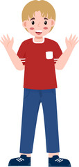Cartoon Boy with Blonde Hair, Red Shirt, and Blue Jeans, Hands Up.