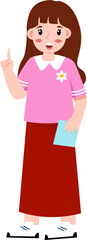 Fototapeta premium Cartoon Girl with Raised Finger, Pink Top, and Red Skirt Holding Paper.