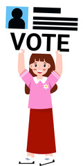 Girl Holding Vote Sign with ID Card, Civic Participation Illustration