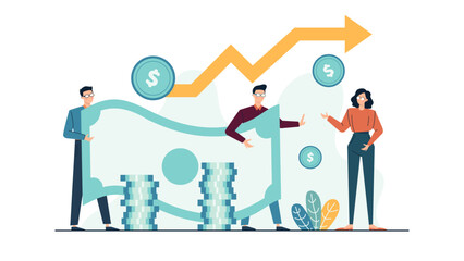 Three people holding a giant money sign with stacks of money, suitable for financial, banking, investment, and money related concepts.