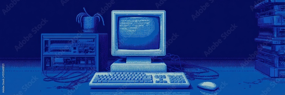 Aufkleber vintage monitor displaying blue screen of death with computer setup and plant in retro environment