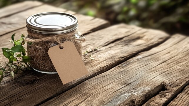 Minimal jar mockup with kraft paper tag resting on aged wooden surface