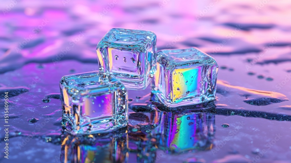 Poster glossy iridescent cubes resting on a reflective wet surface with vibrant lighting