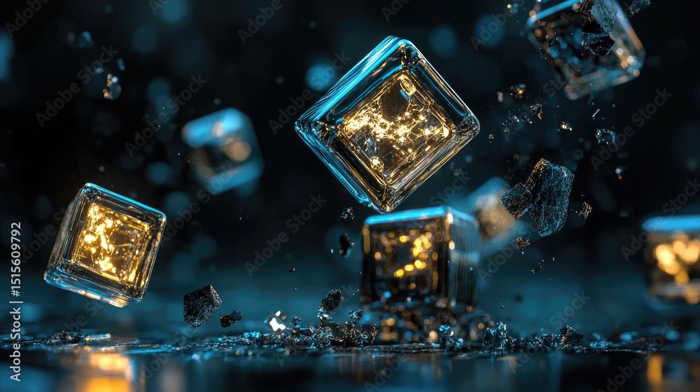 Poster Futuristic visual of energy transfer between illuminated 3D cubes on dark background