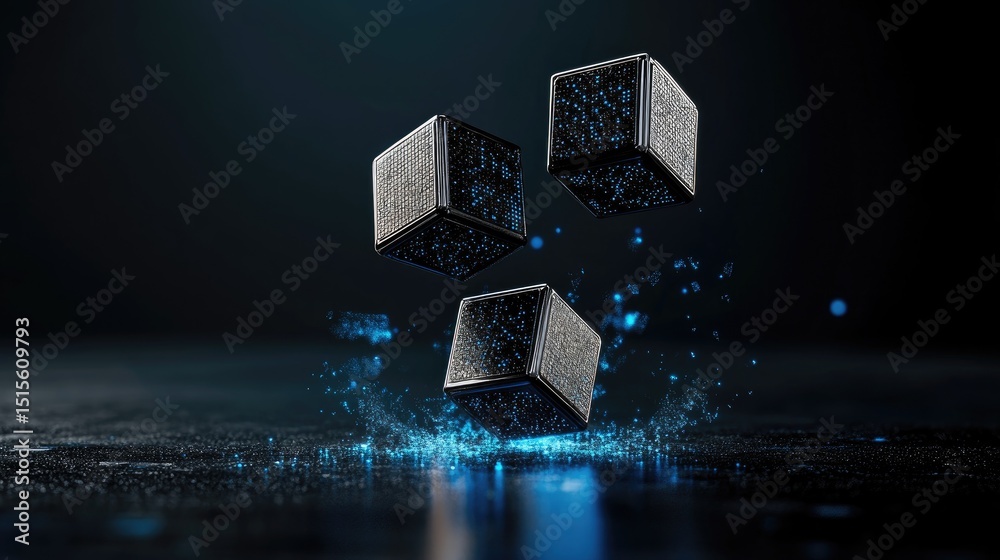 Poster futuristic visual of energy transfer between illuminated 3d cubes on dark background