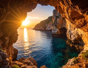 Sunrise cave view over tranquil sea