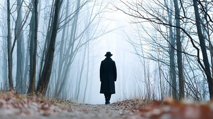 Mysterious traveler in long coat walking forest trail under fog
