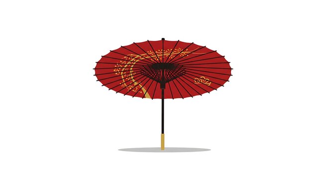 A minimal vector of a Japanese parasol with elegant red and gold patterns, front facing and centered on a clean white background
